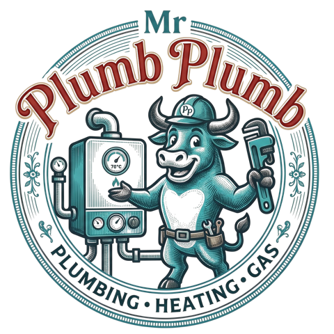 Mr Plumb Plumb - bull mascot with pipe wrench and boiler